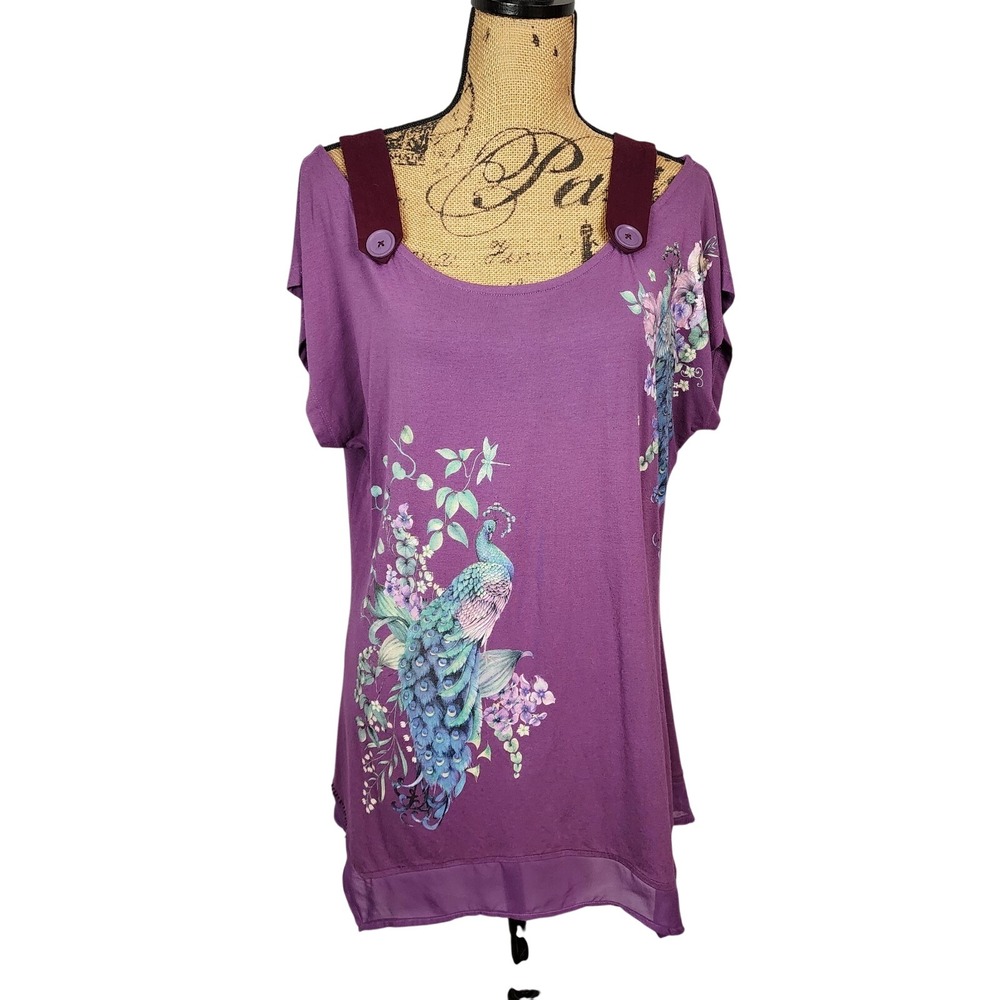 JOE BROWNS Size 12 Perfect Peacock Jersey Top Asymmetric Whimsigoth Boho Tunic